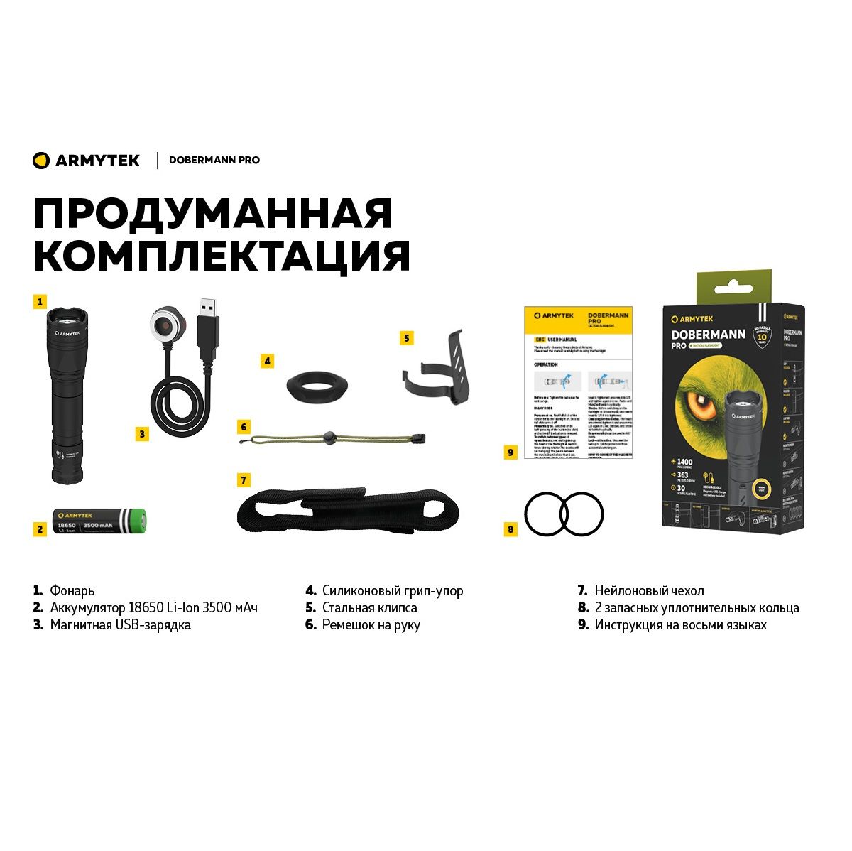 Фонарь Dobermann Pro Magnet USB Black Теплый Свет Armytek