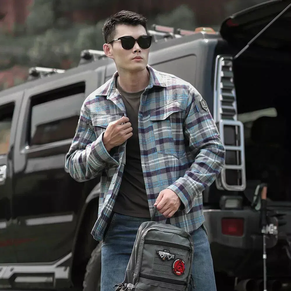 Рубашка Longicorn Flannel Shirt Blue Gray Grid EMB9706 Emerson blue label