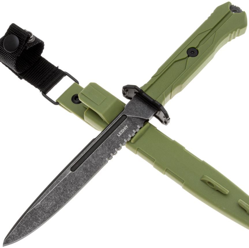 Тактический нож Leshiy blackwash сталь AUS-8 рукоять OD Green Elastron с серрейтором BSW/OD Mr.Blade