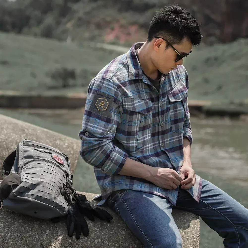 Рубашка Longicorn Flannel Shirt Blue Gray Grid EMB9706 Emerson blue label