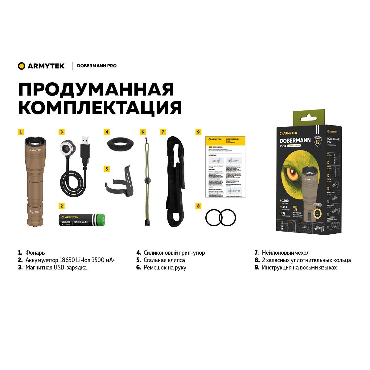 Фонарь Dobermann Pro Magnet USB Sand Теплый Свет Armytek