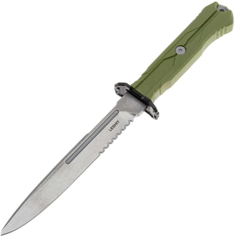 Тактический нож Leshiy stonewash сталь AUS-8, рукоять OD Green Elastron с серрейтором Mr.Blade