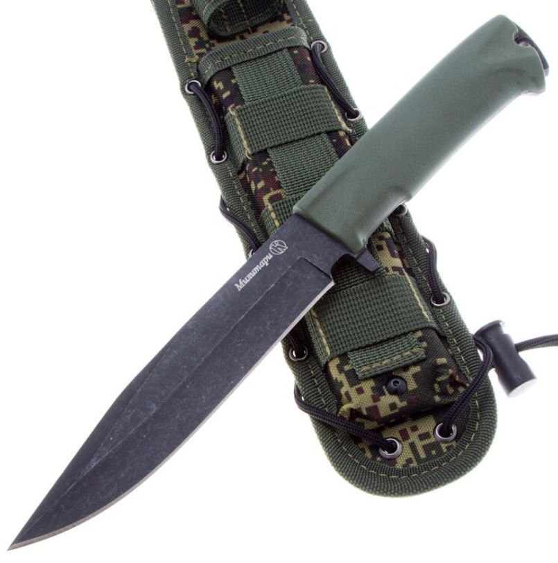 Туристический Нож Милитари сталь AUS-8 черный, рукоять эластрон олива Кизляр