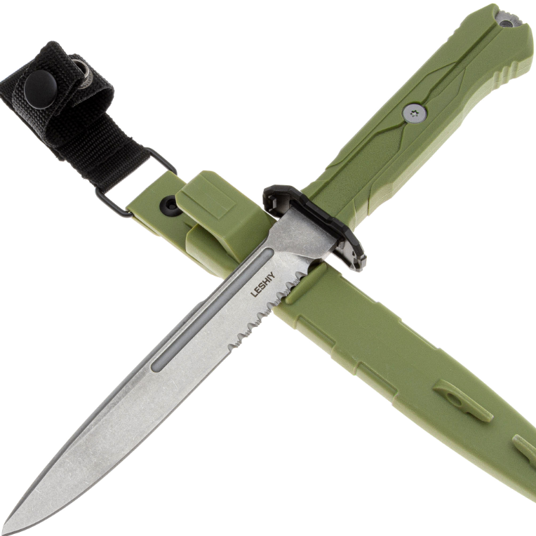 Тактический нож Leshiy stonewash сталь AUS-8, рукоять OD Green Elastron с серрейтором Mr.Blade